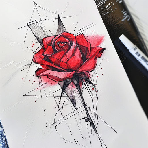 Bold and vibrant tattoo sketch of a red rose with minimalist lines and abstract shapes