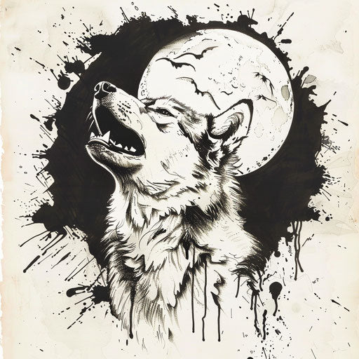 Bold and expressive flat tattoo sketch with a husky howling at the moon