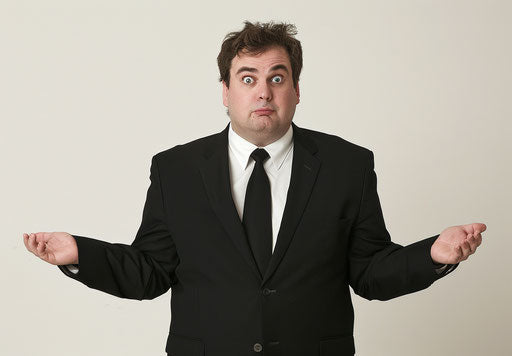 Confused overweight businessman in black suit on white background