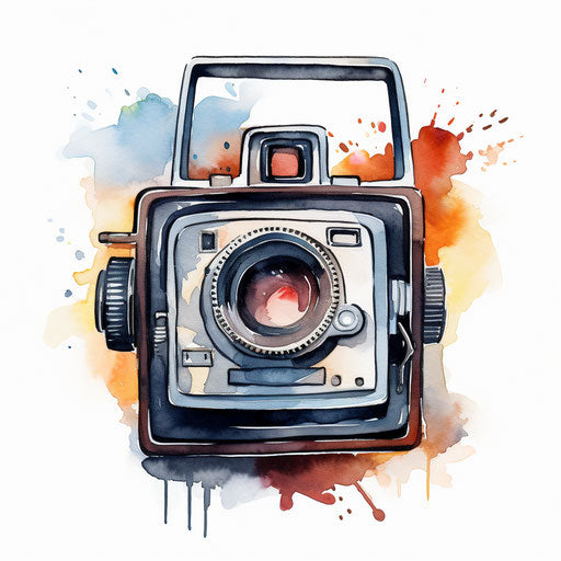Polaroid camera clipart in oil painting style on white background