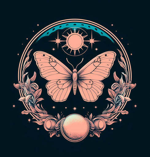 Moon and butterfly tattoo, esoteric iconography style