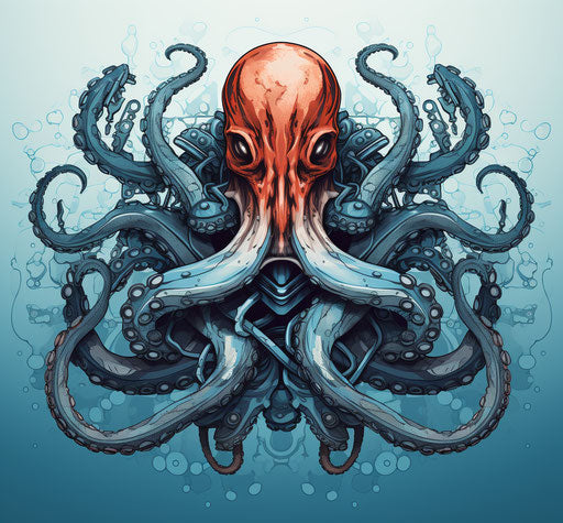 Octopus with anchor tattoo, industrial machinery style