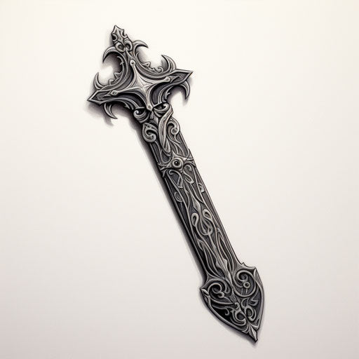 Black pencil drawing of a tattooed sword, symbolic elements