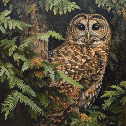 Piercing gaze of a northern spotted owl in Pacific Northwest forest