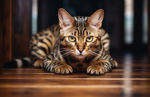 Bengal cat laying on wooden floor with exaggerated facial features, primitivist style, bold patterns, dark brown and gold, massurrealism 17:11