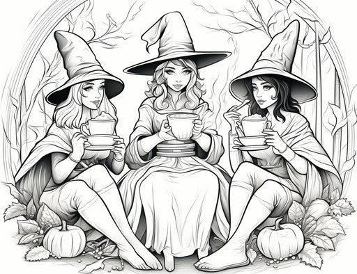 Three witches in a mug coloring page