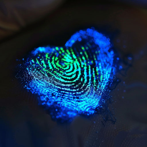 Bioluminescent heart tattoo with fingerprint in green and blue
