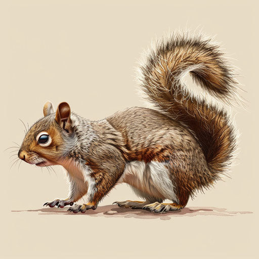 Squirrel clipart in photo realistic quality on a flat beige background, presenting a rustic appeal and intricate patterns