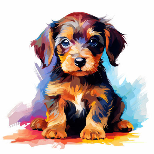 Puppy illustration in the style of Impressionistic Art, on white background