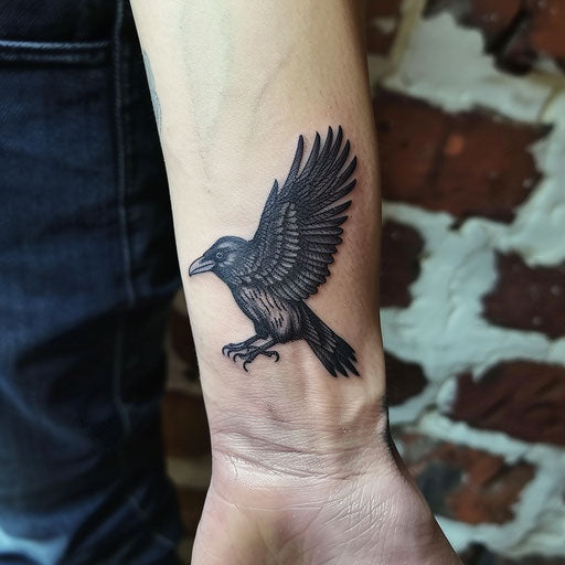 Small wrist tattoos of a raven, in the style of Adrian Smith