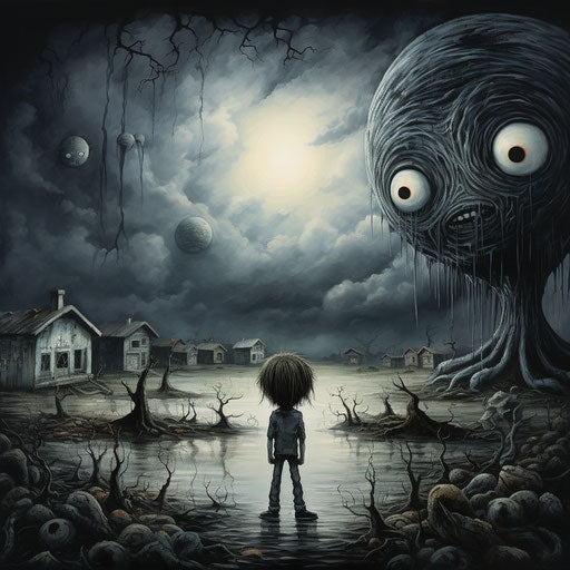 The saddest day of the dream, in the style of Jeff Soto, raw and emotional, humanistic empathy, gothic, humanity's struggle, childlike, Douglas Smith