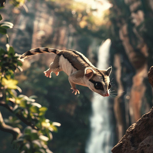 Leap of the flying squirrel with waterfall in background