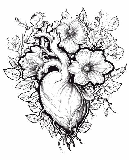 Colorful heart shaped flower with leaves, heavy inking style