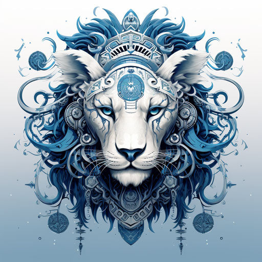 Tinker's lion illustration, techno shamanism style, white and blue