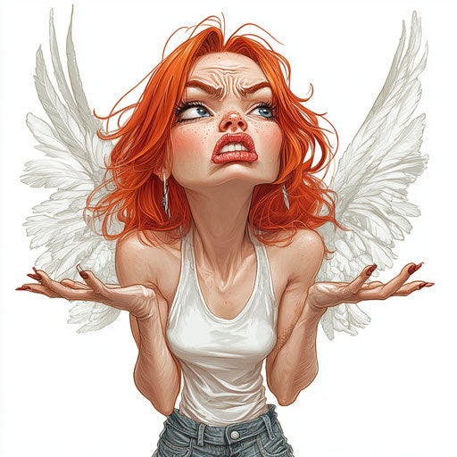 Humorous caricature of an angel with human characteristics