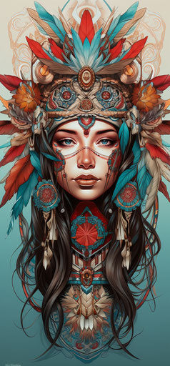 Native American girl drawing, art nouveau style, color splash