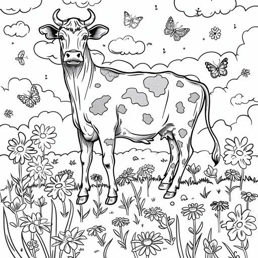 Cow in a meadow with flowers and butterflies