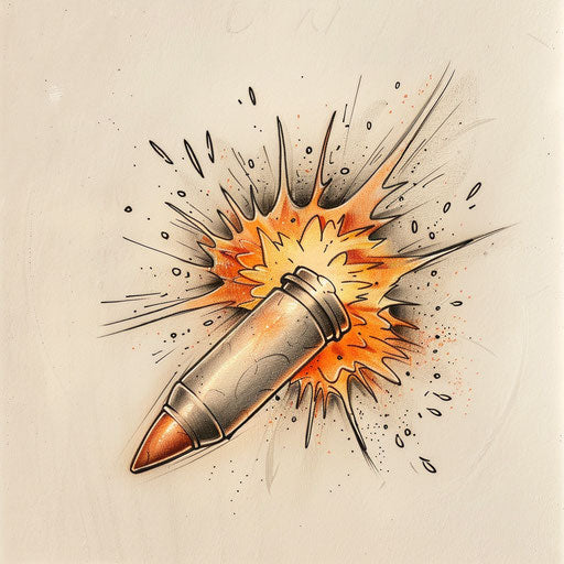 Energetic flat tattoo sketch of a bullet surrounded by sparks and fire