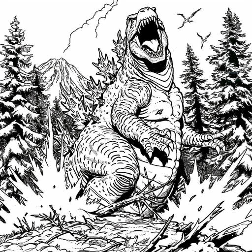 Godzilla emerging from a forest with trees breaking. Coloring book page