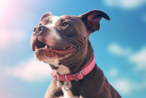 Dog with a collar, pit bull terrier, realistic blue skies
