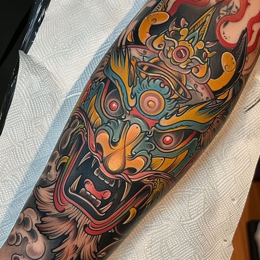 Neo-traditional tattoo sketch of a Tengu with rich colors and intricate details