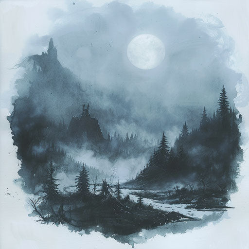 Atmospheric tattoo sketch of a Dark Souls foggy landscape