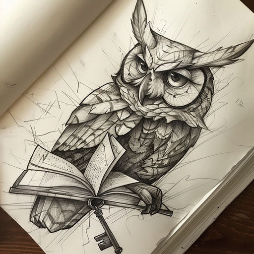 Traditional owl tattoo with key and book, wisdom earth tones