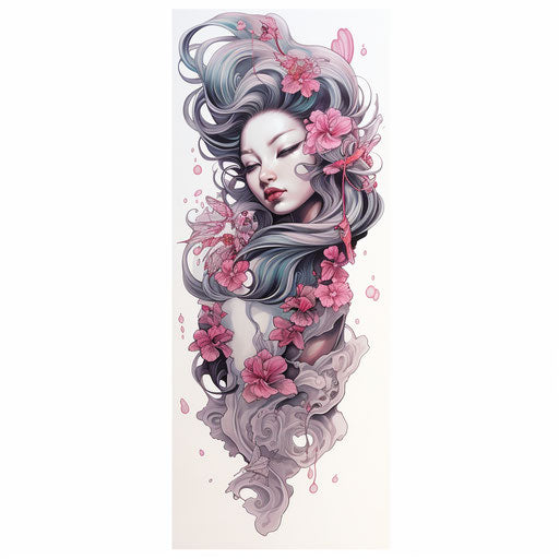 3D tattoo stickers for tattoo sleeve, geisha portraits style