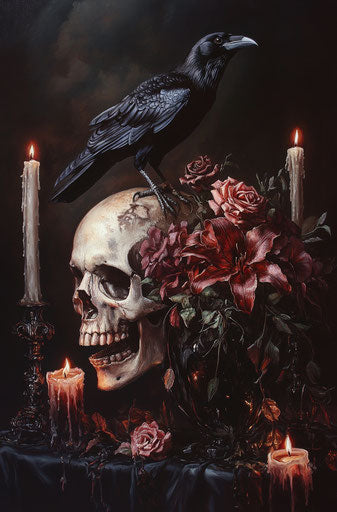 Gothic art: crow on skull, roses and lilies in vase