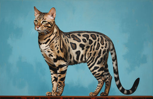 Bengal cat on blue background, dark silver and light maroon style