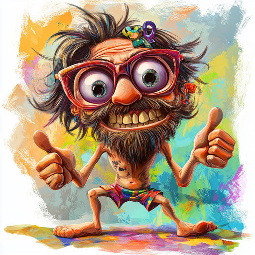 Humorous caricature of an om caricature with human characteristics, exaggerated big eyes, toes feet, colorful backdrop, vibrant colors, cartoon style, thumbs up, high-resolution, no background, isolated