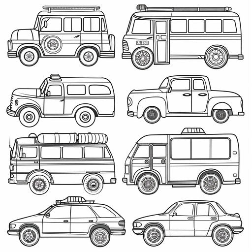 Various vehicles in a row coloring book page