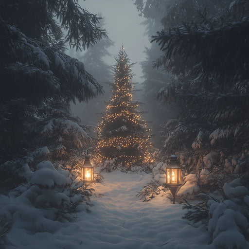Snowy Christmas tree surrounded by pine trees in mist