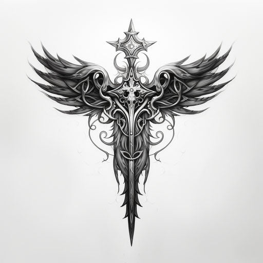 Tattoo of two wings and a cross in dark and light colors