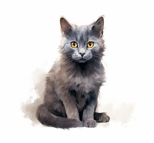 Gray cat on white background, light indigo and dark gold style