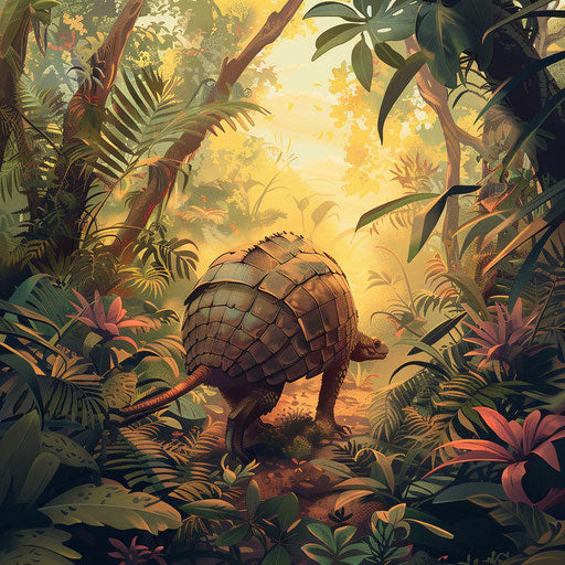 Armadillo explorer trekking through a dense uncharted jungle