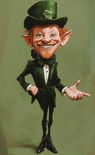 Caricature of a smiling leprechaun in traditional green, hand out