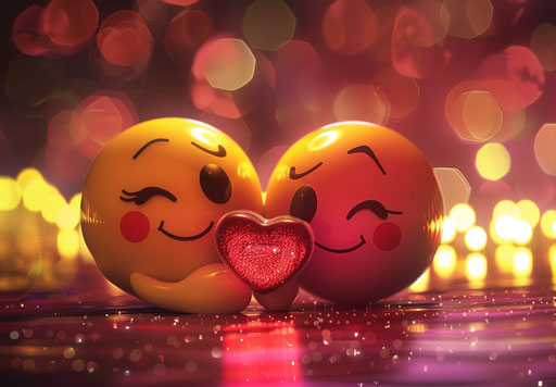 Love in yellow emojis, shiny eyes style, light and dark red
