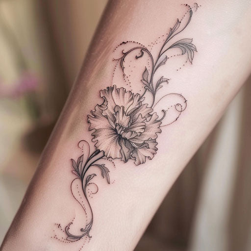 Victorian filigree flower tattoo, intricate details, elegant lines