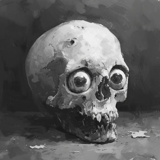 Skull with scary eyes and a bite mark, artistic style, theatrical