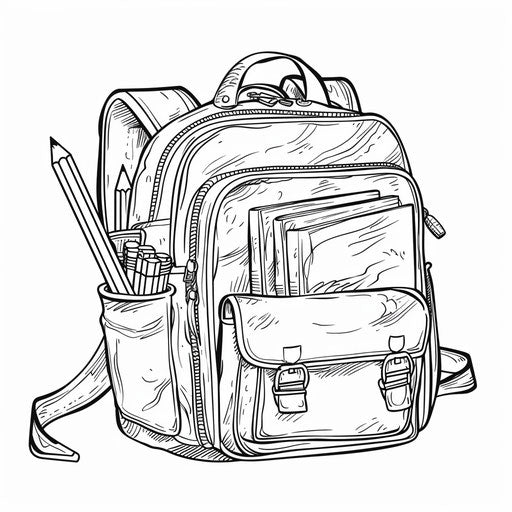School backpack with books and pencils, coloring page