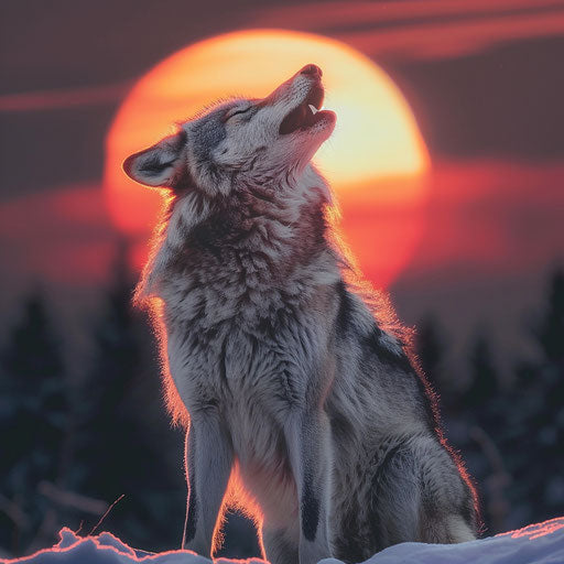 Wolf howling against dramatic sunset backdrop