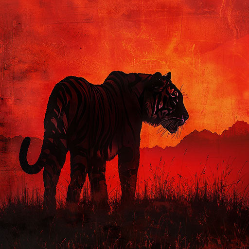 Powerful silhouette of a Sunda tiger at sunset