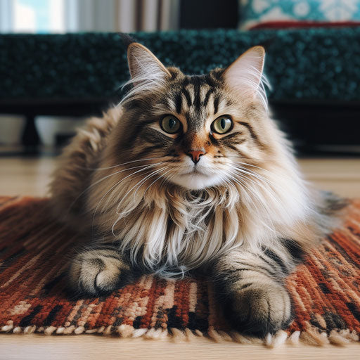 A Siberian cat lying on a carpet