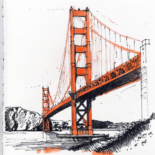 Drawing of a tattoo of the Golden Gate Bridge, American landmark, in bright orange and black on white background.