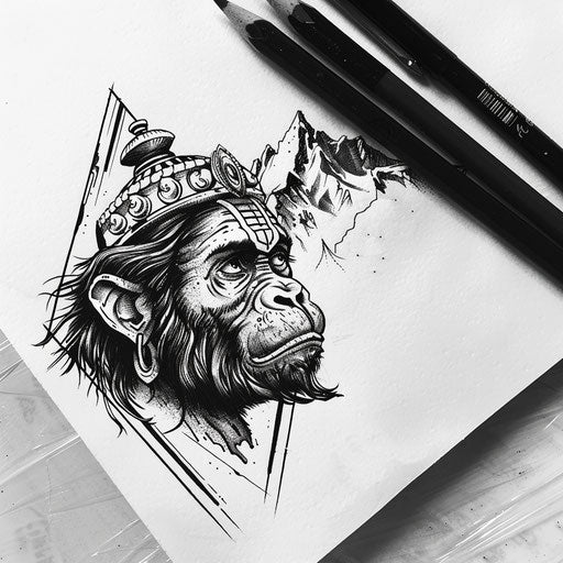 Minimalist black and white flat tattoo sketch with Hanuman and mountain