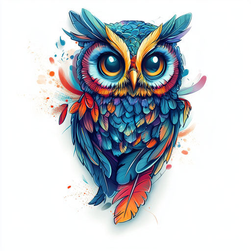 Whimsical flat owl neck tattoo sketch with cartoon elements