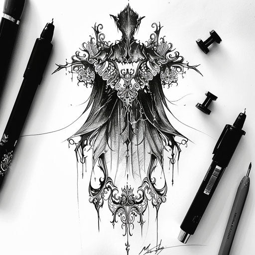 Elegant flat sketch of vampire with Victorian cloak and lace details