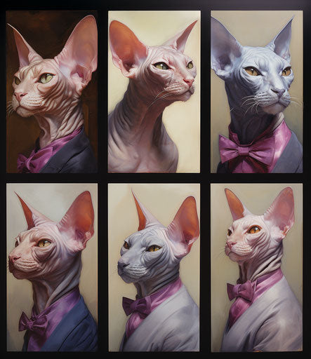Sphynx cat's image with four portraits in DiTerlizzi style, dark silver and light magenta, dignified poses, wavy 13:15