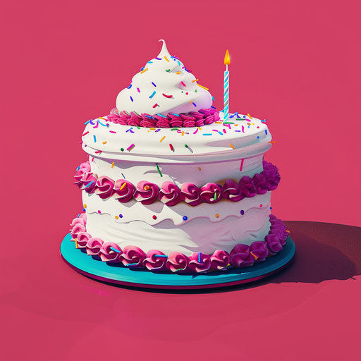 Realistic representation of birthday cake on bright magenta background